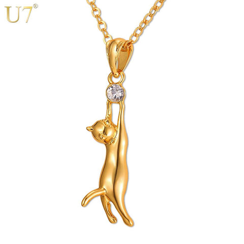Cute Cat Necklace & Pendant For Women Gift Silver/Gold Color Wholesale Trendy Rhinestone Animal Pet Charm Jewelry