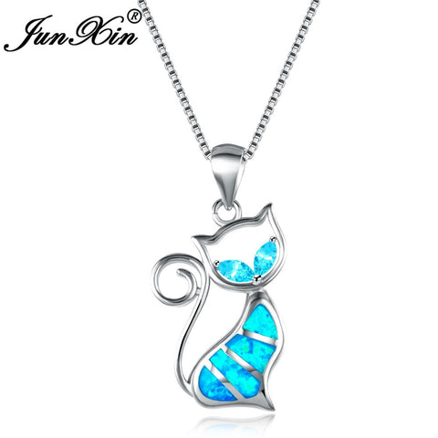 Women Cat Necklace Blue Fire Opal Necklaces & Pendants