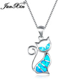 Women Cat Necklace Blue Fire Opal Necklaces & Pendants