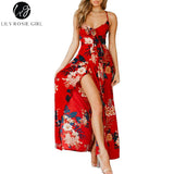 Red Floral Print Sexy Lace Up V Neck Women
