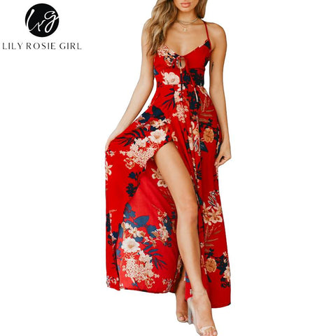 Red Floral Print Sexy Lace Up V Neck Women