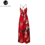 Red Floral Print Sexy Lace Up V Neck Women